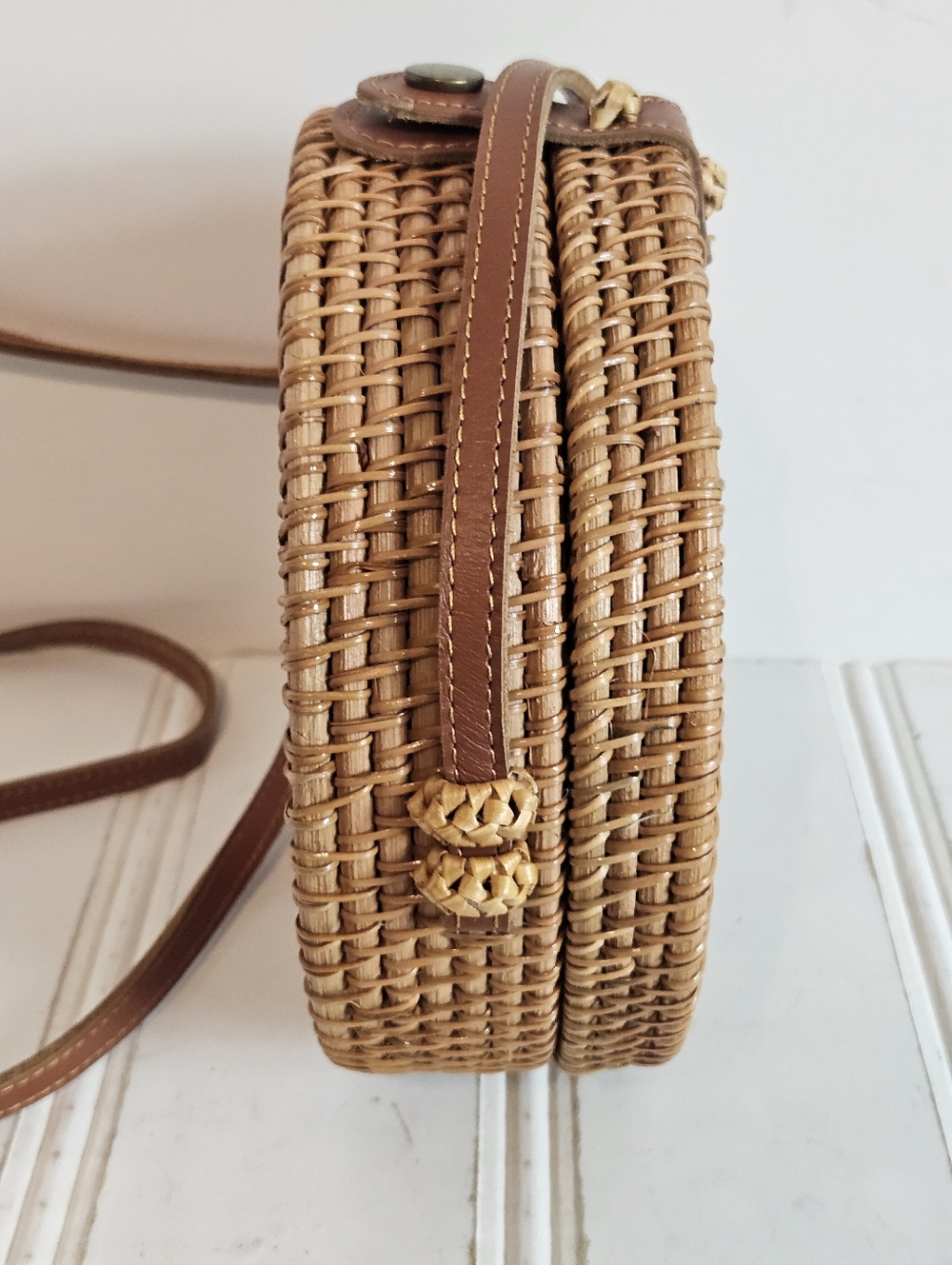 Round Rattan Woven Crossbody Bag Bali Boho Canteen Straw Floral - Picture 5 of 12
